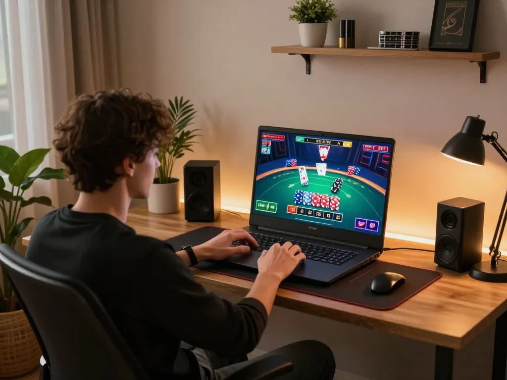 Engaged gambler playing blackjack online at https://Zbetat.com/ from a stylish home office with vibrant game graphics.