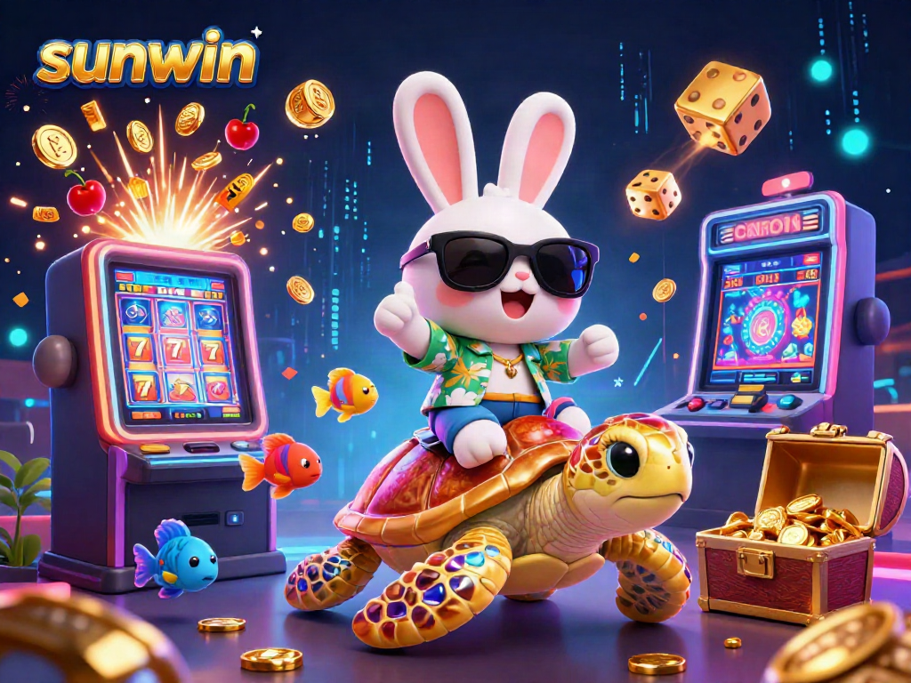 Engage in thrilling gameplay at sunwin with festive casino elements and a lucky rabbit mascot.