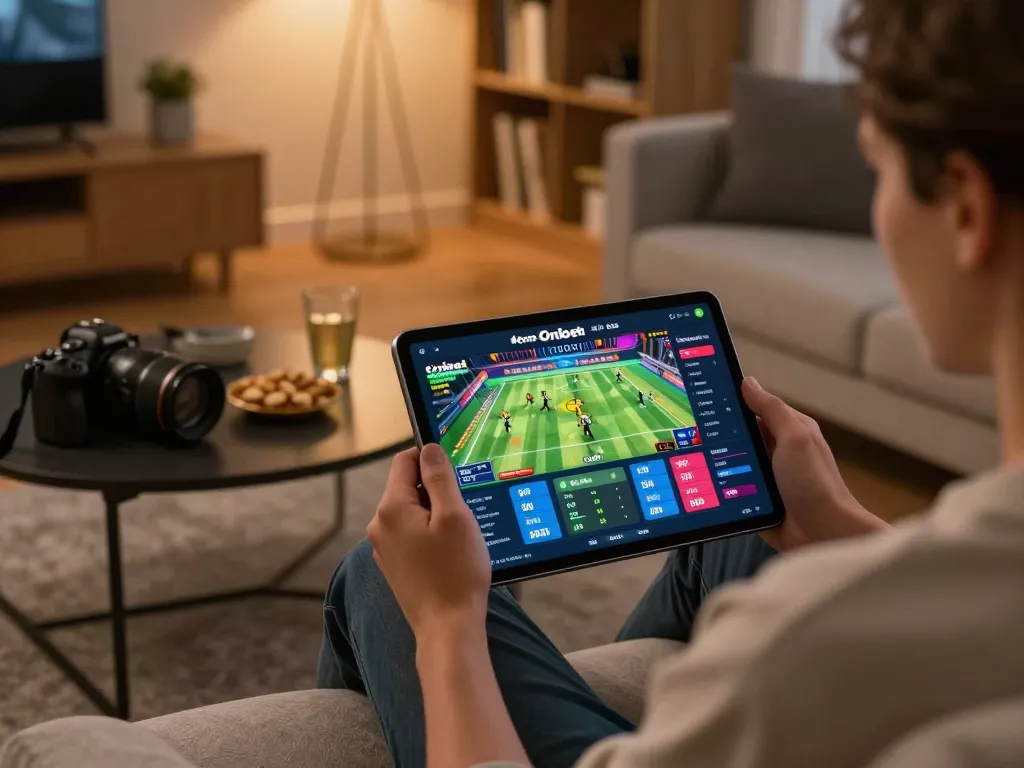 Placing bets on OnBet app during a sports event from home, creating excitement and convenience.