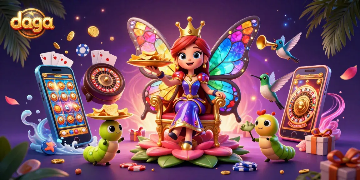 Daga enchants players with vibrant slots, golden chips, and innovative games in a festive scene.