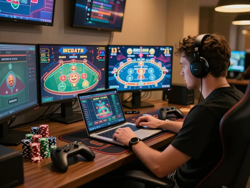 Engaging online gaming session on RR88 with multiple screens displaying exciting casino games