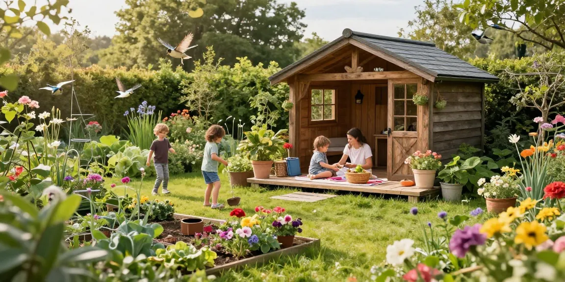 Gemütliches Gartenhaus im Grünen mit Familie beim Picknick im Garten.