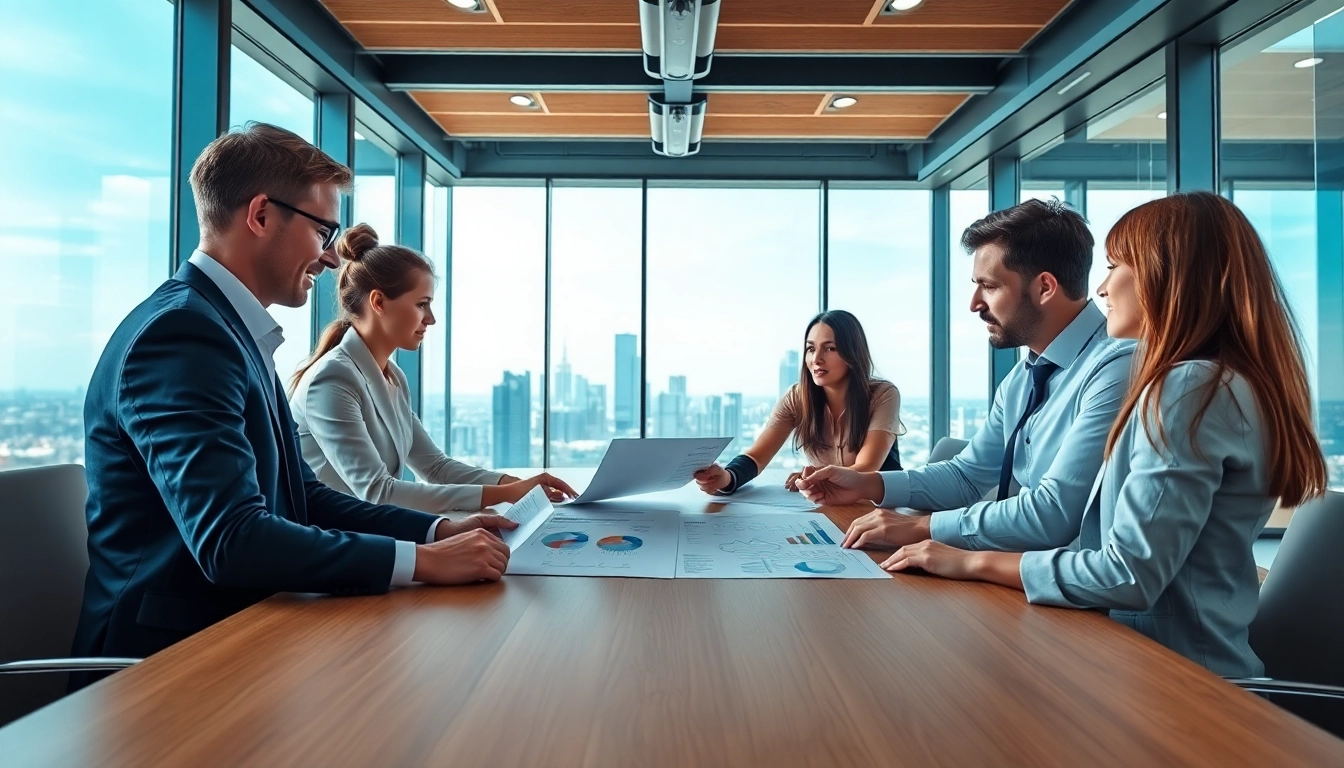 GmbH gründen Schweiz - Teamwork in a modern office setting with vibrant city background.