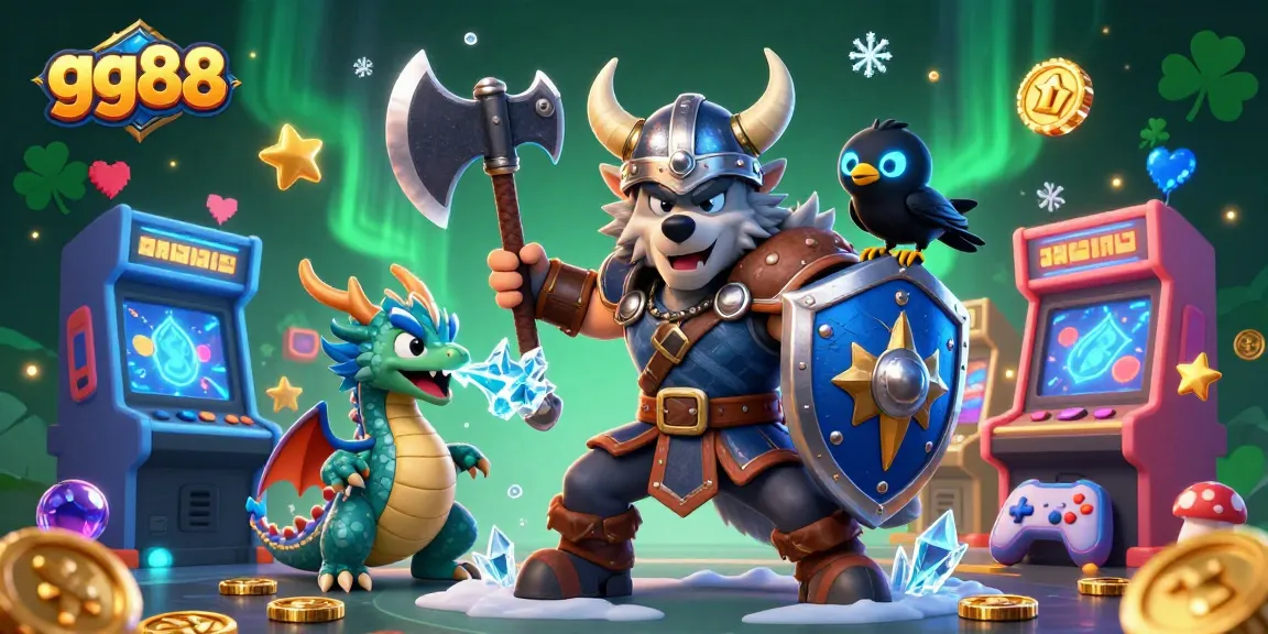 Engage with gg88's thrilling atmosphere illustrated through a vibrant 3D scene of an adventurous Viking wolf, a fierce dragon, and a cute raven amidst arcade elements.