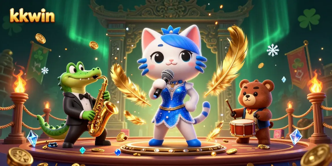 Engage with kkwin through vibrant casino fun featuring a jazz-singer cat, crocodile musician, and bear drummer.