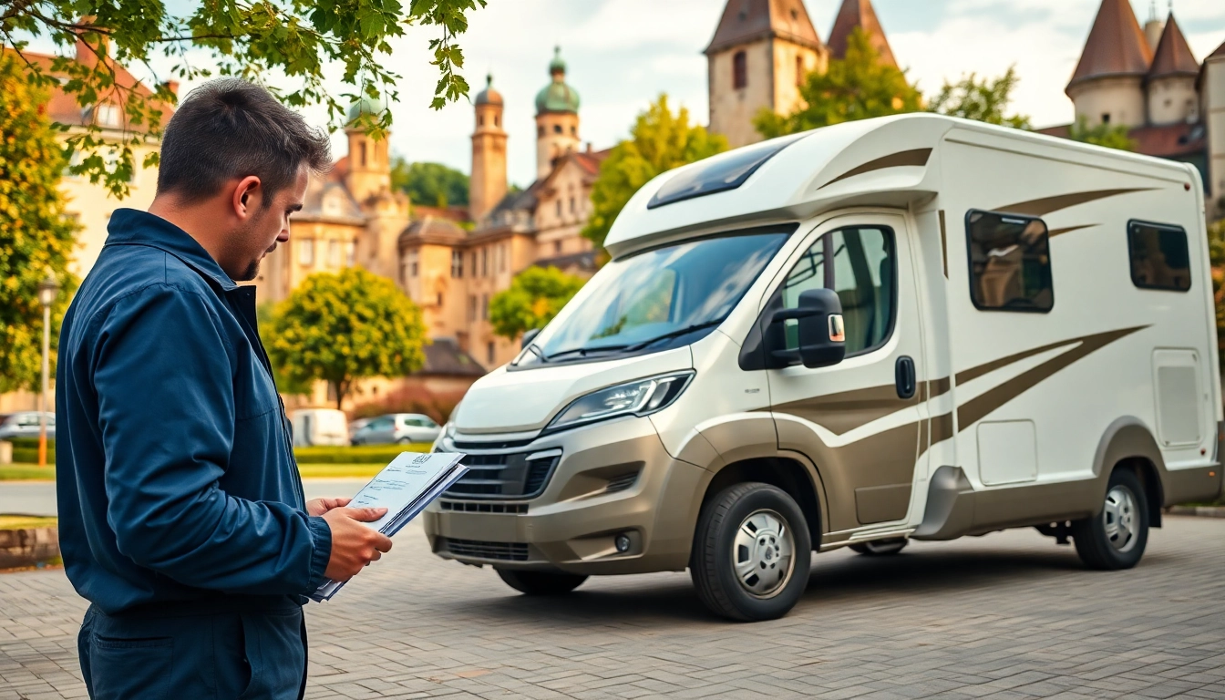 Wohnmobil Gutachten Augsburg mit Techniker, der die Inspektionsdetails überprüft.