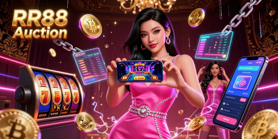 Experience thrilling RR88 Auction with stunning visuals of casino games and crypto elements.