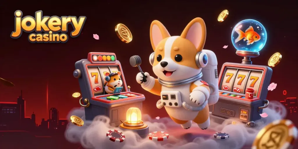 Experience thrilling gameplay at jokery casino with floating characters and vibrant casino elements.
