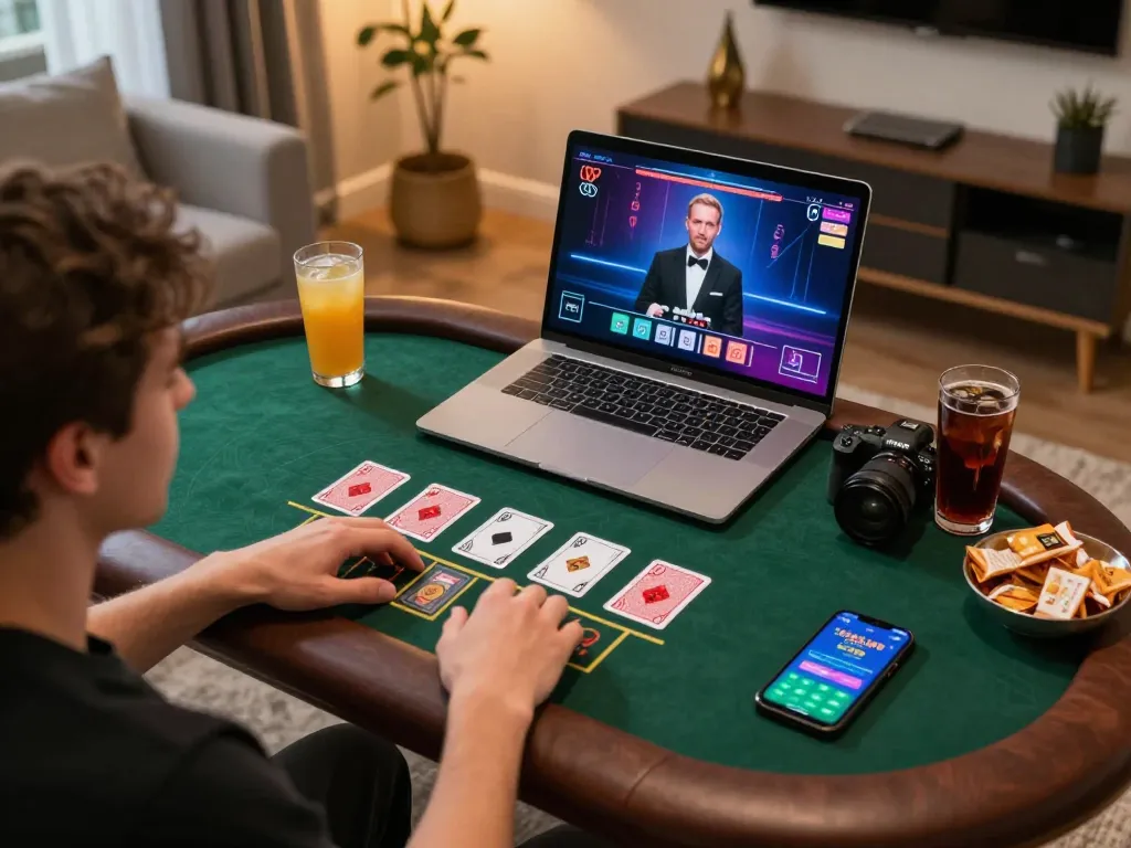 Engaging in live dealer blackjack on cm88 using laptop at home, cozy decor enhances the gaming atmosphere.