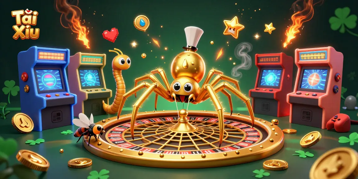 Tài Xỉu game illustrated with a golden spider spinning a roulette wheel web, exciting betting atmosphere.