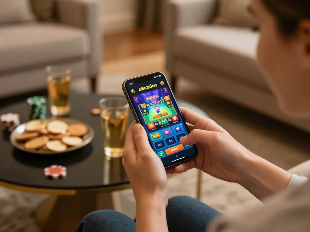 Engaging with o8casino app for online gaming in a cozy indoor setup