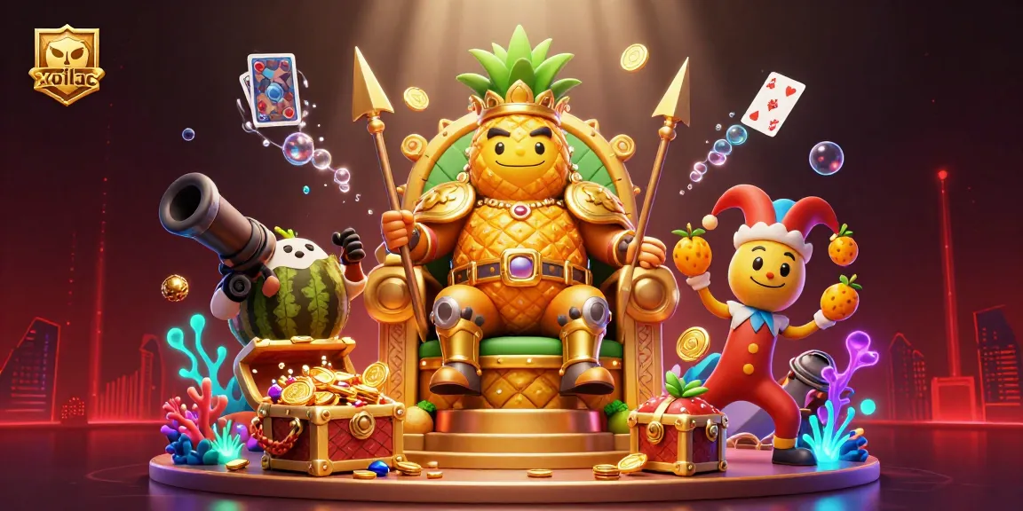 Xoilac showcases thrilling golden pineapple king in a vibrant casino scene with a watermelon cannon.