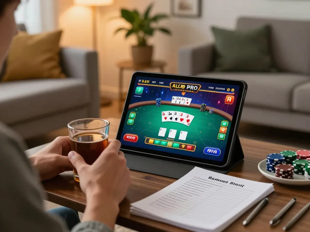 Engaging in ALO8 PRO mobile gaming on a tablet, featuring an exciting poker interface in a cozy home setting.