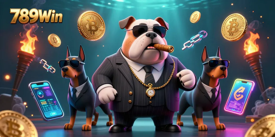 Engage in thrilling gambling with 789Win's vibrant casino atmosphere featuring mafia elements and crypto symbols.