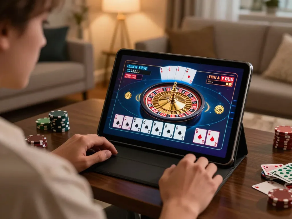 Engaging with Nhà Cái SC88 uy tín through an online casino on a tablet in a cozy atmosphere.