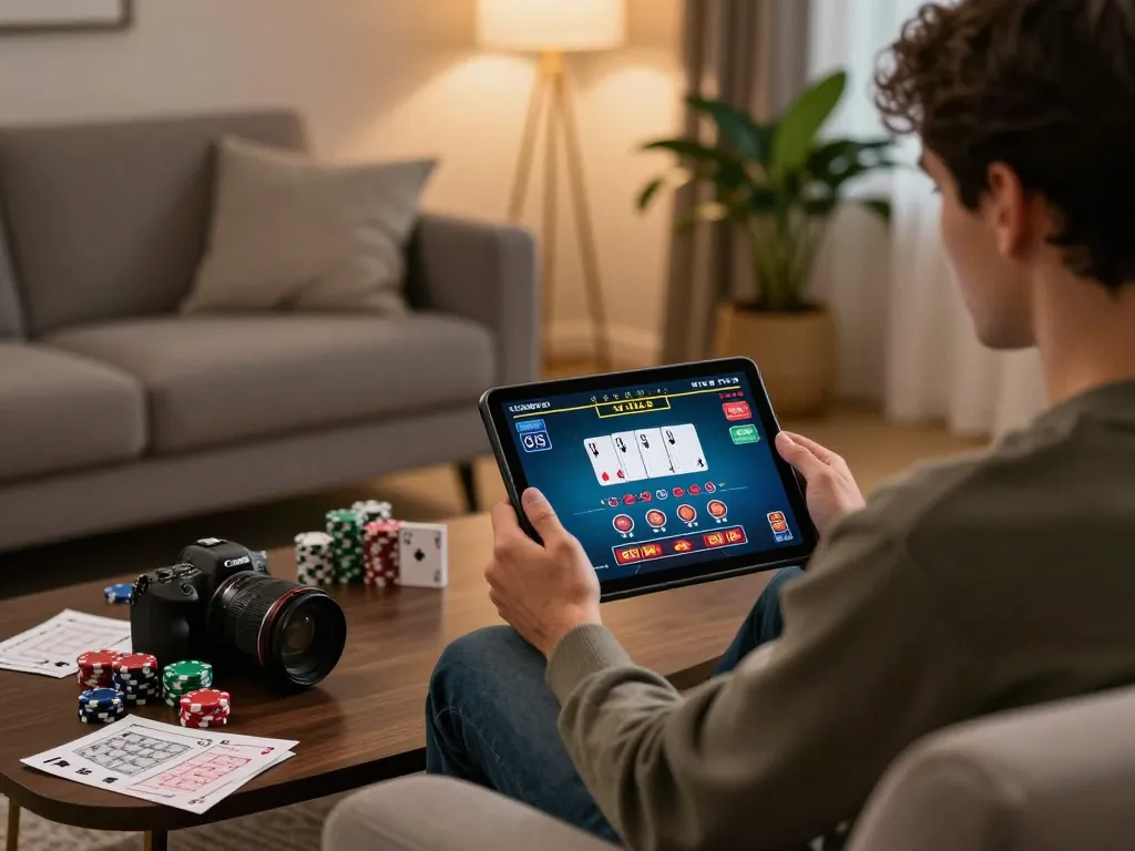 Player experiencing the excitement of trang chủ ok365 while playing online blackjack on a tablet in a cozy environment.