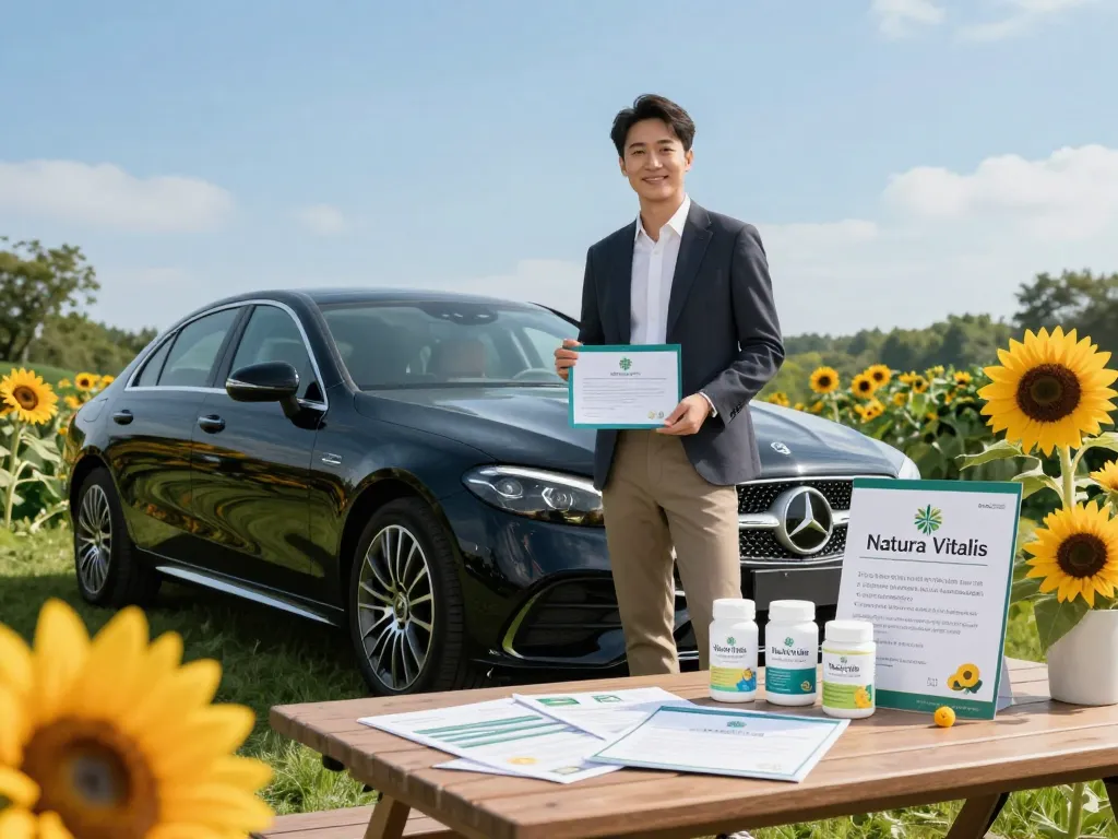 Natura Vitalis Autobonus Feier-Szene mit einem erfolgreichen Teampartner neben einem luxuriösen Auto, das Erfolg und Selbstbewusstsein zeigt.