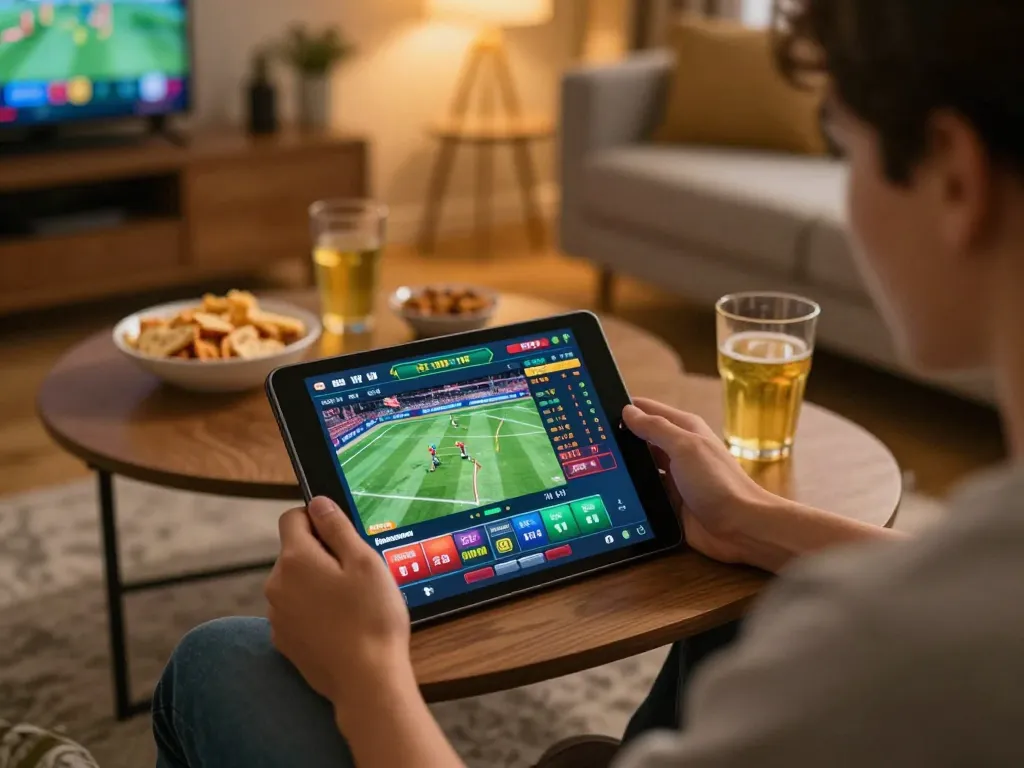 F168 sports betting setup with tablet in a cozy home atmosphere, showcasing betting activity.