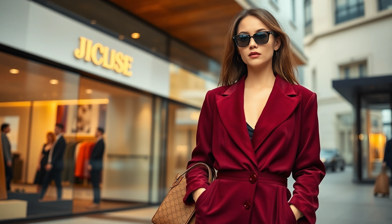 Alvionz fashion model presenting luxury attire in an elegant urban backdrop.