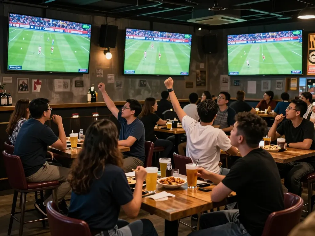 Lương Sơn TV enthusiasts cheering during a live football match at a vibrant sports bar.