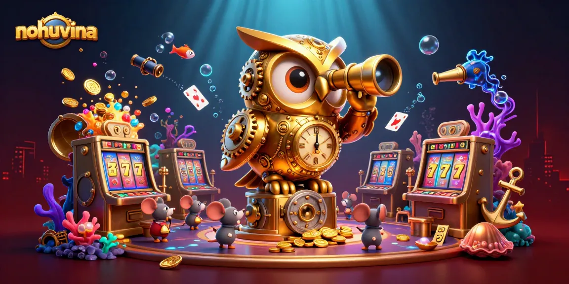 Nohuvina enhances excitement with animated golden owl and dynamic casino scene featuring vibrant slot machines.