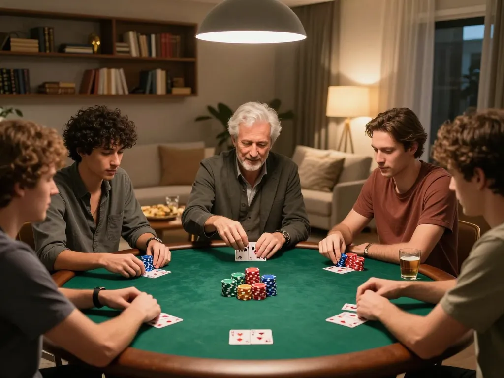 Players enjoying an engaging poker night at home, showcasing strategy and excitement in a warm setting, mk8 gaming experience.