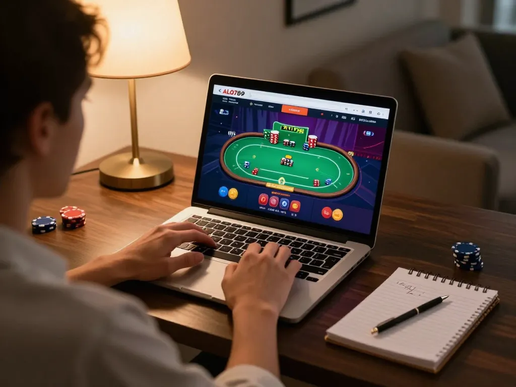 Person engaging with ALo789 feedback while playing poker online, highlighting strategic gameplay and cozy atmosphere