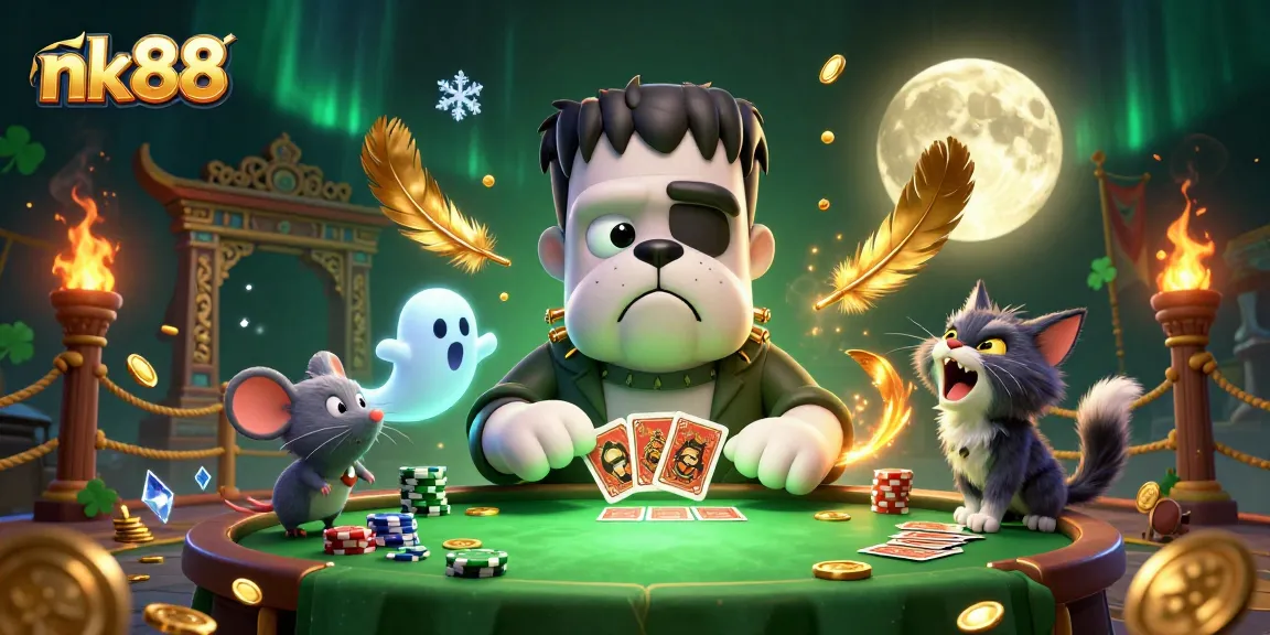 nk88 players engaging in a lively casino scene with a Frankenstein bulldog dealer and ghostly chips flying.