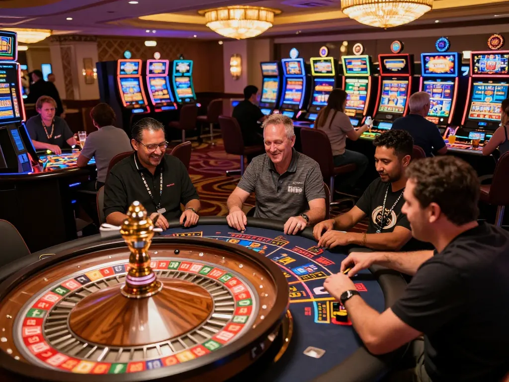 Experience the excitement of Go8 at a bustling casino, with players engaged at roulette tables and bright slot machines.