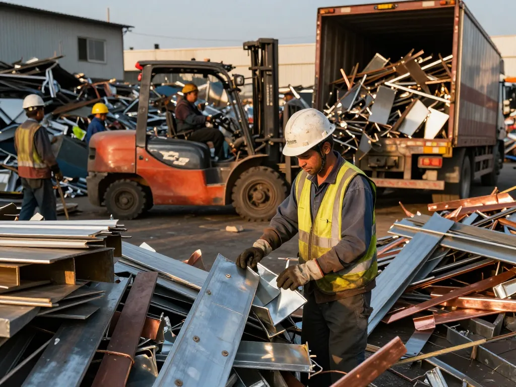 Schrottplatz mit Schrottankauf-Aktivitäten, auf dem Arbeiter Metall sortieren, unter warmem Sonnenlicht.