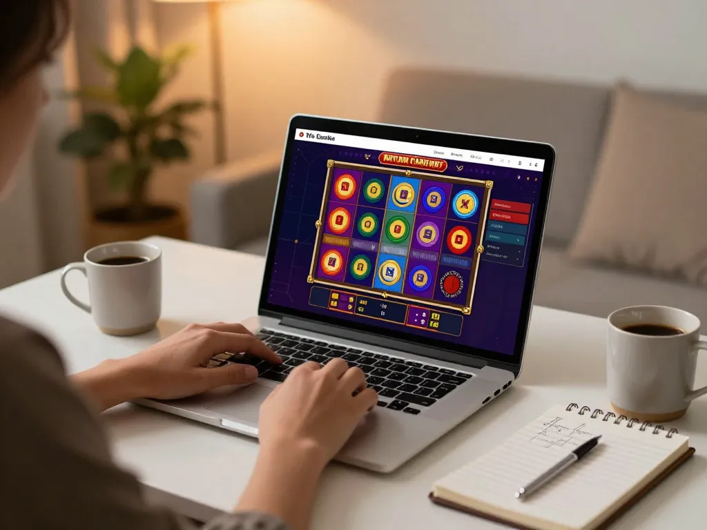Person enjoying online gaming at 13win on a laptop with colorful slot game interface.