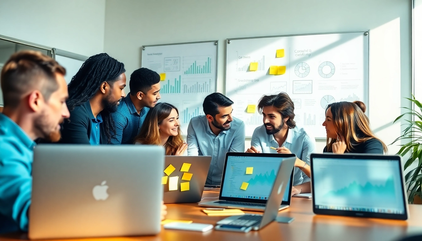 Online Marketing Team brainstorming strategies in a bright office environment.