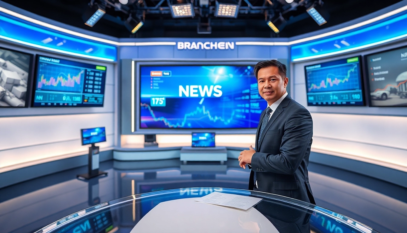 Branchen News: News anchor presenting industry insights in a modern studio setting.