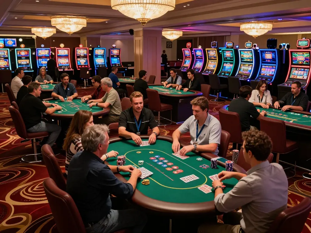 Engaged players at QQ88 AE poker tables, showcasing vibrant casino atmosphere and strategy.
