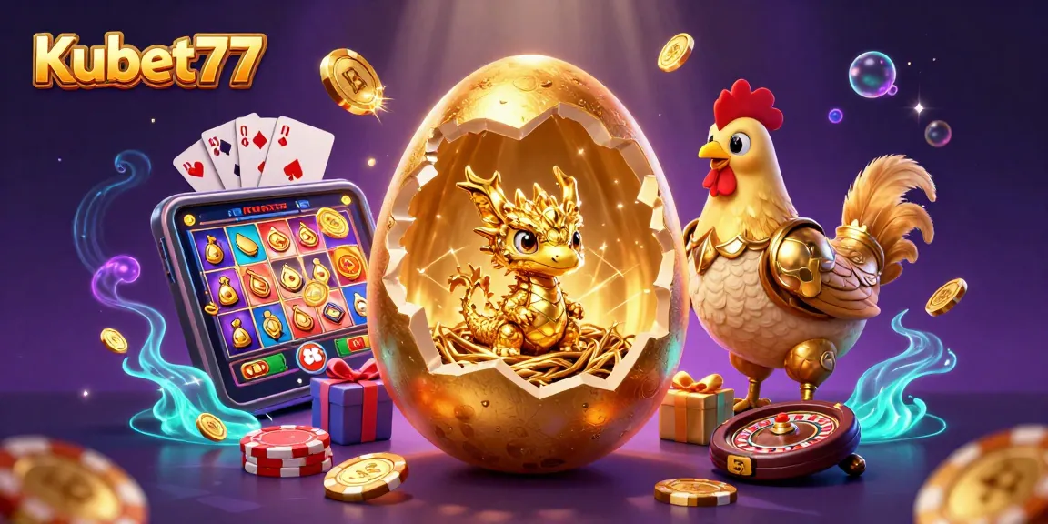 Kubet77's golden dragon emerging from an egg amidst vibrant casino games, radiating excitement.