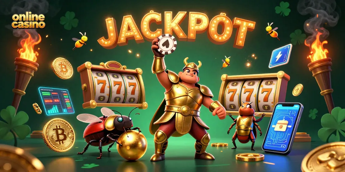 Engage in an online casino adventure with a victorious beetle champion and jackpot-inspired elements.
