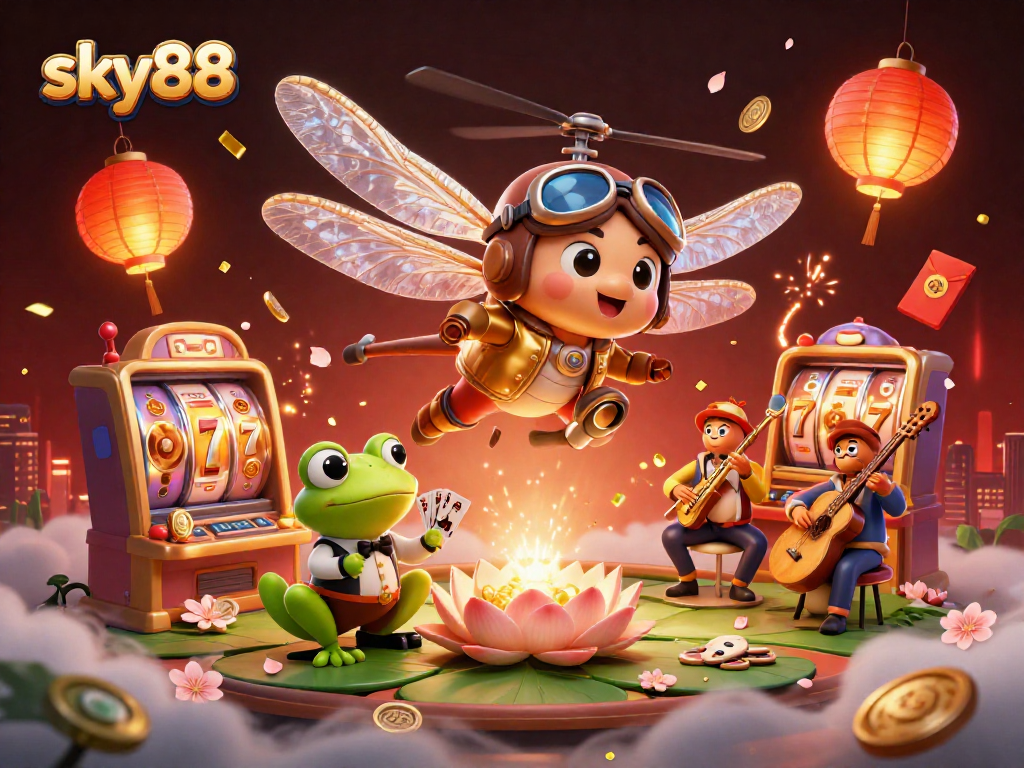 Experience thrilling gameplay at sky88 with a vibrant scene featuring a dragonfly pilot and a frog croupier.