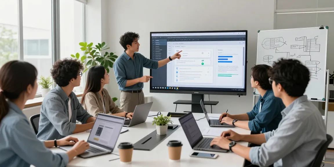 Team collaborating to build internal tools with AI in a modern workspace