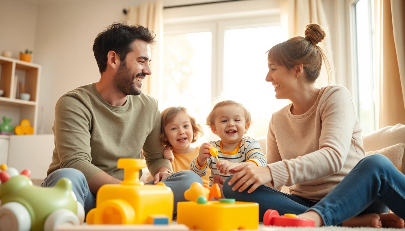 Fördern Sie eine positive Kindererziehung, indem Sie Eltern und Kind beim Spielen und Lachen in einem hellen Raum darstellen.
