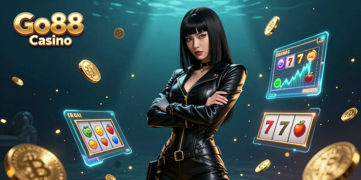 Experience thrilling gameplay at Go88 Casino with a striking illustrated scene of a powerful woman surrounded by dynamic casino elements.