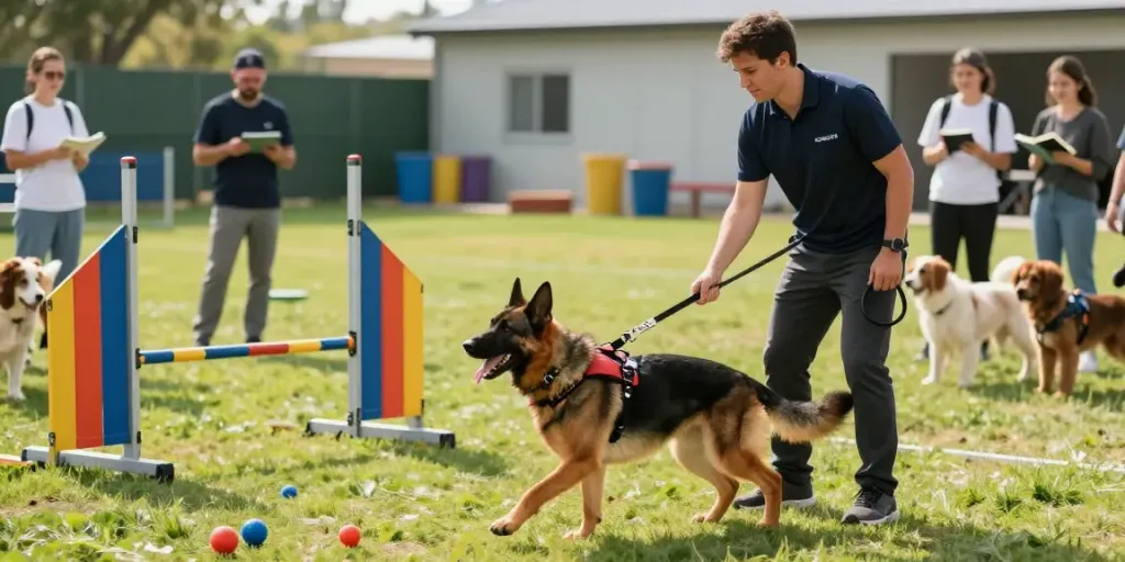 K9 training session with rokok88 rtp gear, featuring an energetic dog and professional trainer outdoors.