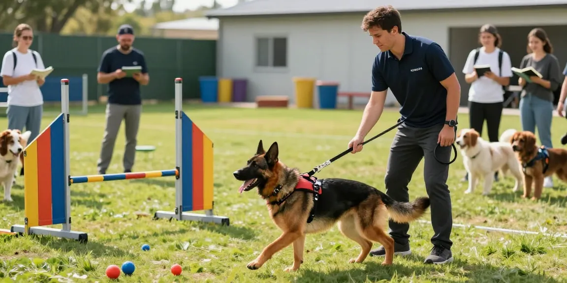 K9 training session with rokok88 rtp gear, featuring an energetic dog and professional trainer outdoors.