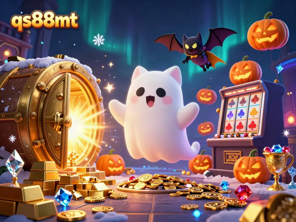 Experience the haunting allure of qs88mt with a ghost cat and treasures amidst a dazzling casino.