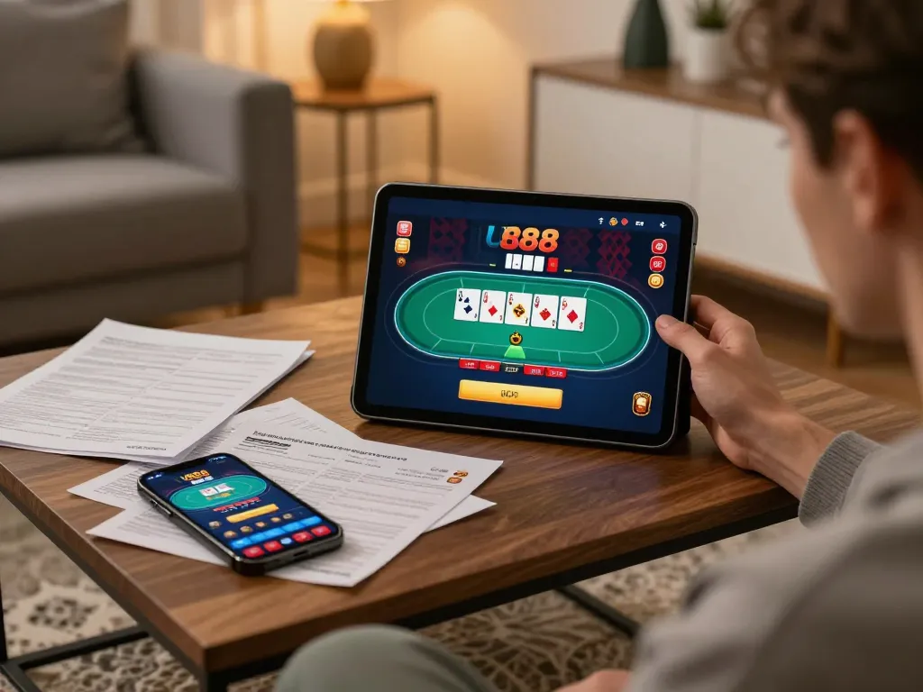 Engaging with U888's online poker game on a tablet in a cozy living room.
