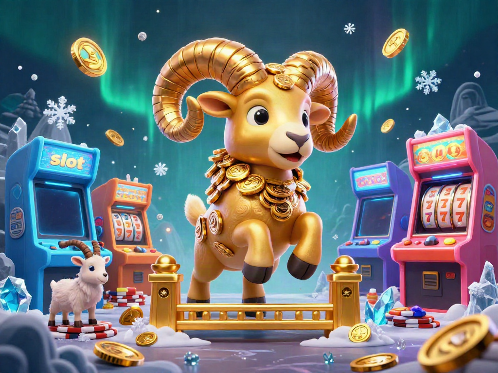 Win big with vibrant slot-themed visuals featuring a golden ram charging through a neon-lit arcade.