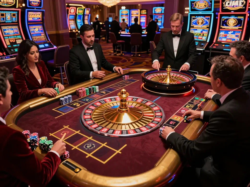 Players engaging in a thrilling roulette game at a luxurious casino showcasing XX88, vibrant chips and croupier in action.