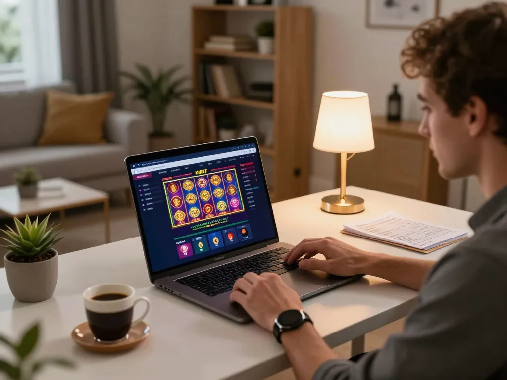 KUBET player engaging with online slots during an immersive home gaming session.