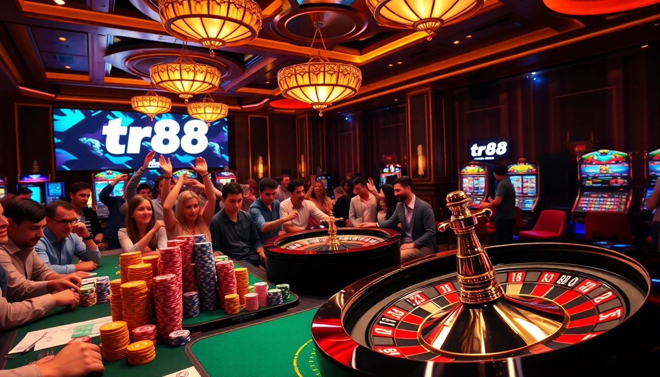 Excited players gather around a poker table showcasing the thrill of strategy and competition with tr88 betting slips.