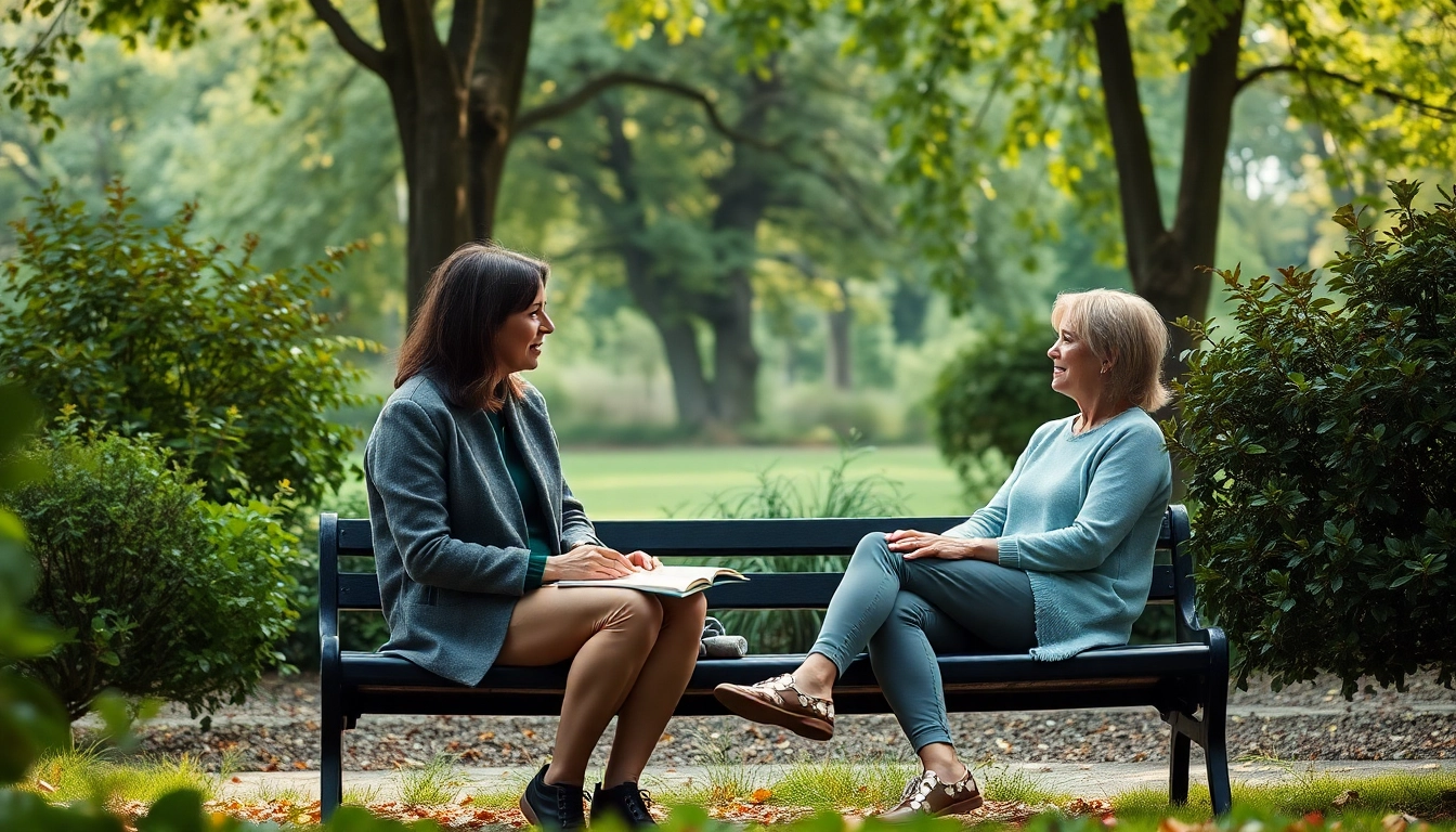 Coaching in Lebenskrisen: A supportive session outdoors with a coach and client engaged in conversation.