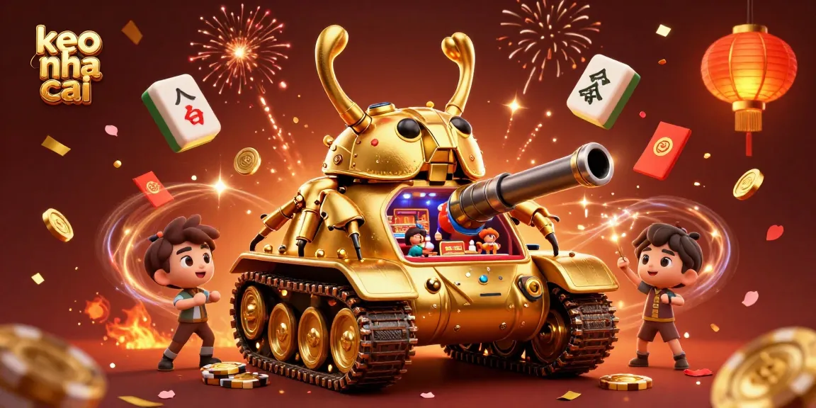 Engage with keo nha cai in a vibrant casino adventure featuring a golden beetle tank and festive decorations.